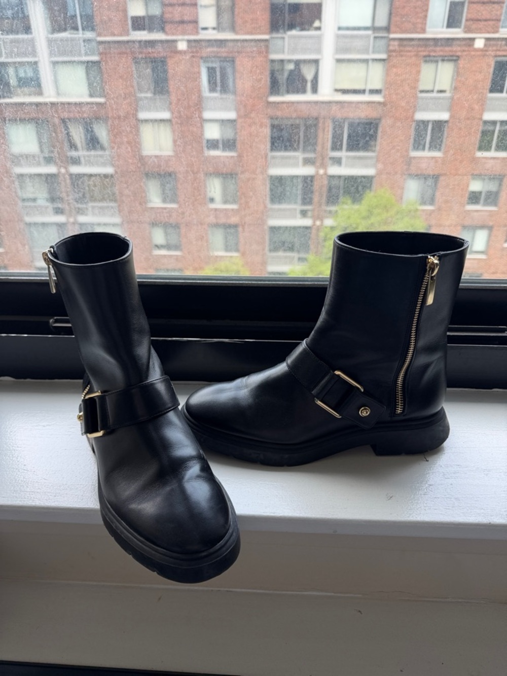 Stuart Weitzman 7 Black Leather Ankle Boots with Gold Buckle and zipper